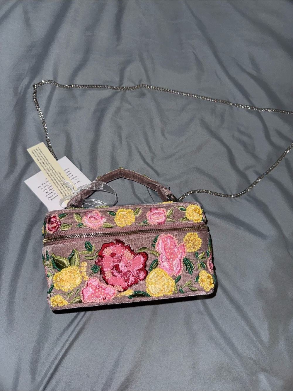 Beaded and Velvet Floral Mini Handbag with Chain Strap Handmade in India w Tags